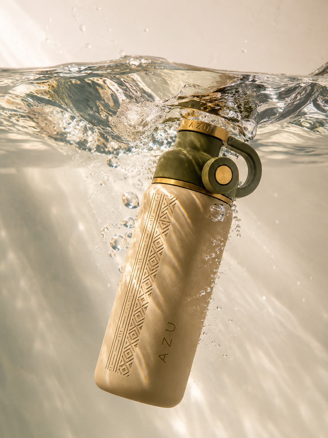 AZU bottle beneath sunlit water