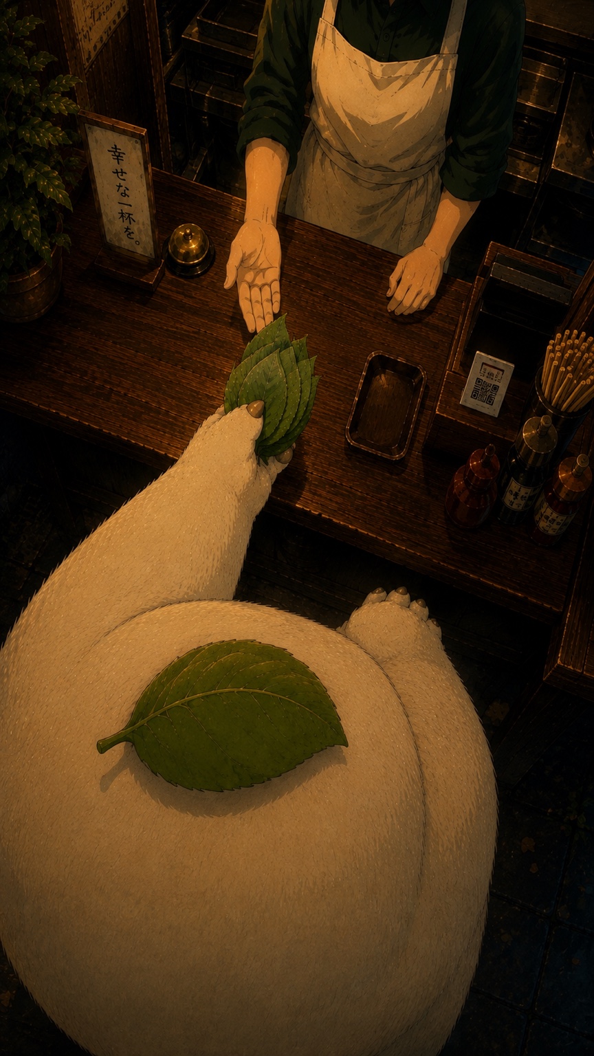 Mori handing leaves to the chef