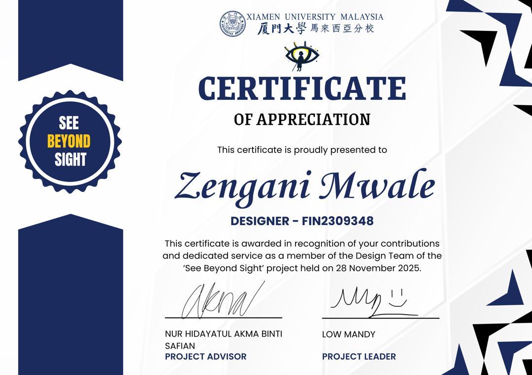 Certificate of appreciation for Zengani Mwale