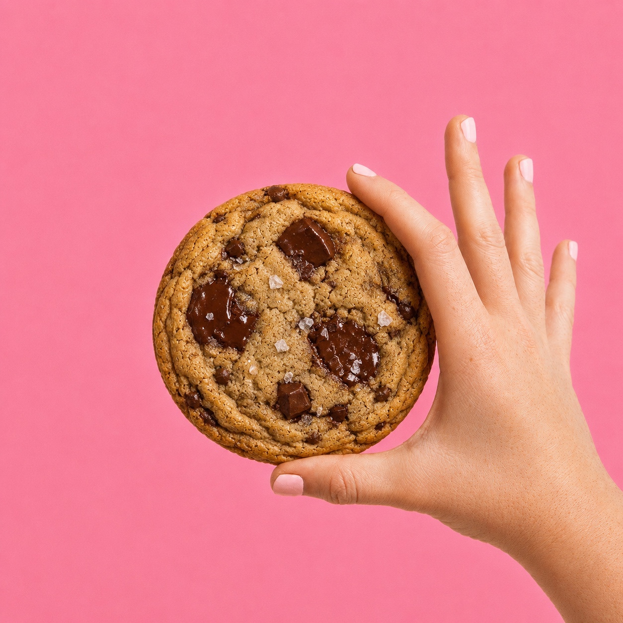 Original Krumble cookie held against pink background