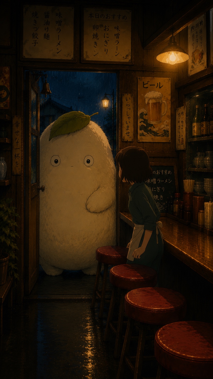 Mori arriving at a rainy ramen shop